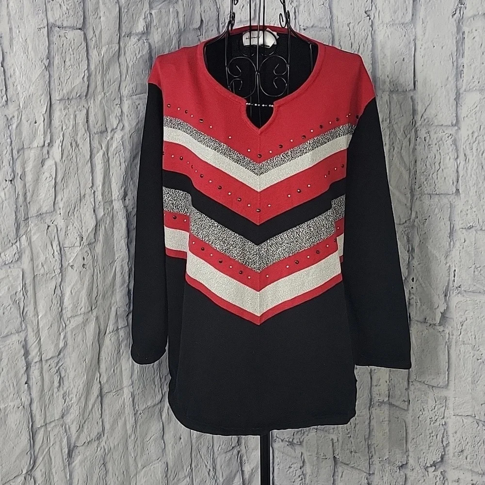 **ALFRED DUNNER Beaded Red, Gray, and‎ Black Sweater XL